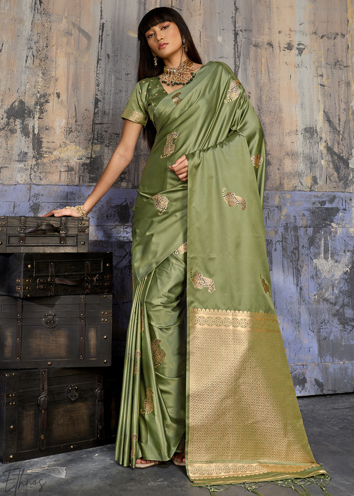 Sage Green Majestic Feline Banarasi Satin Silk Saree