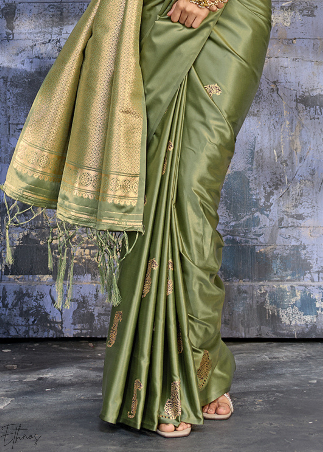 Sage Green Majestic Feline Banarasi Satin Silk Saree
