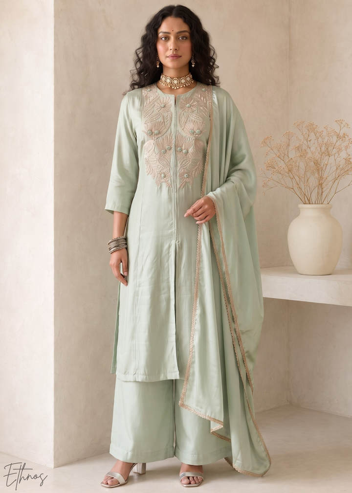 Sage Green Medallion-Embroidered Silk Pant Suit