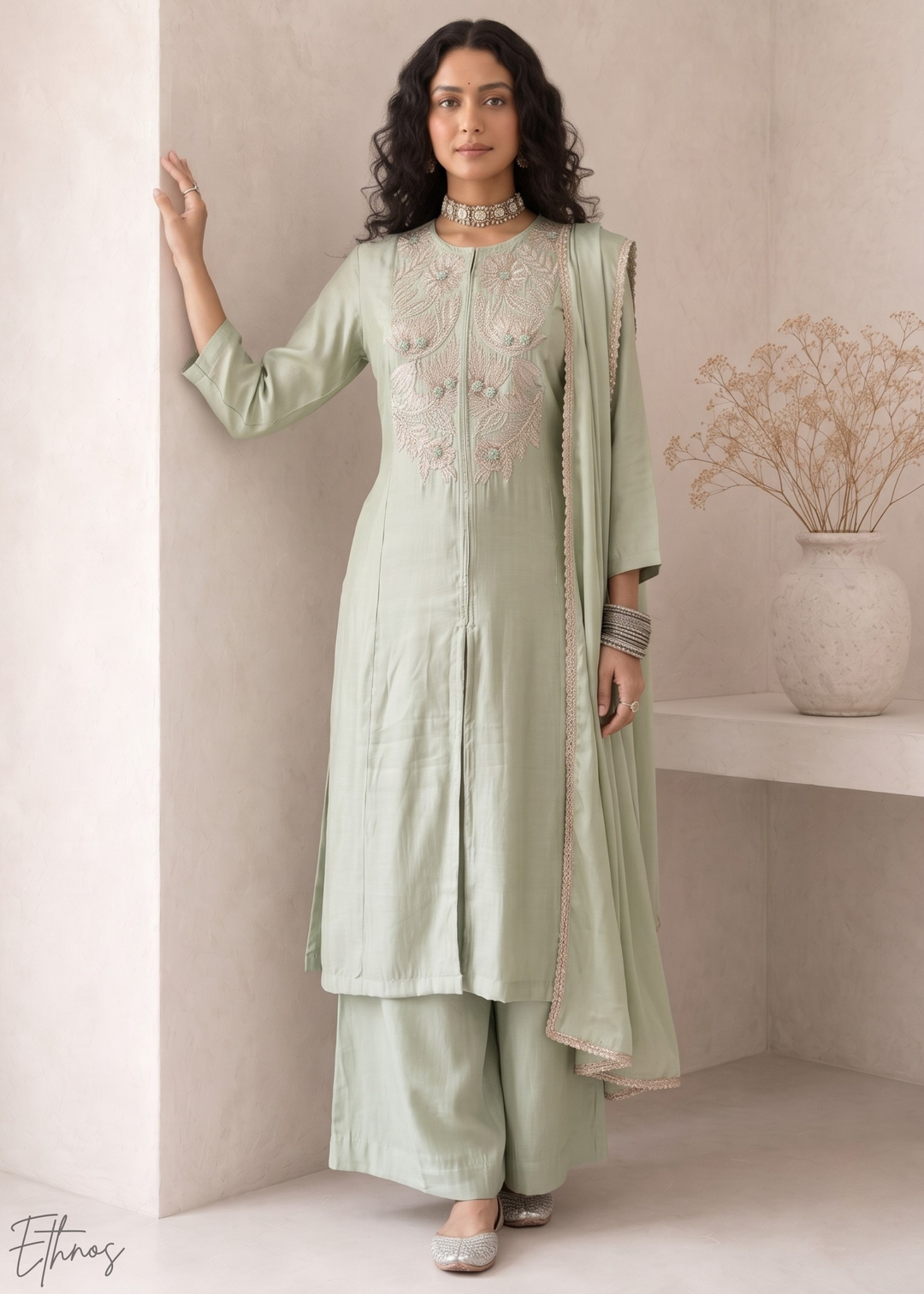 Sage Green Medallion-Embroidered Silk Pant Suit