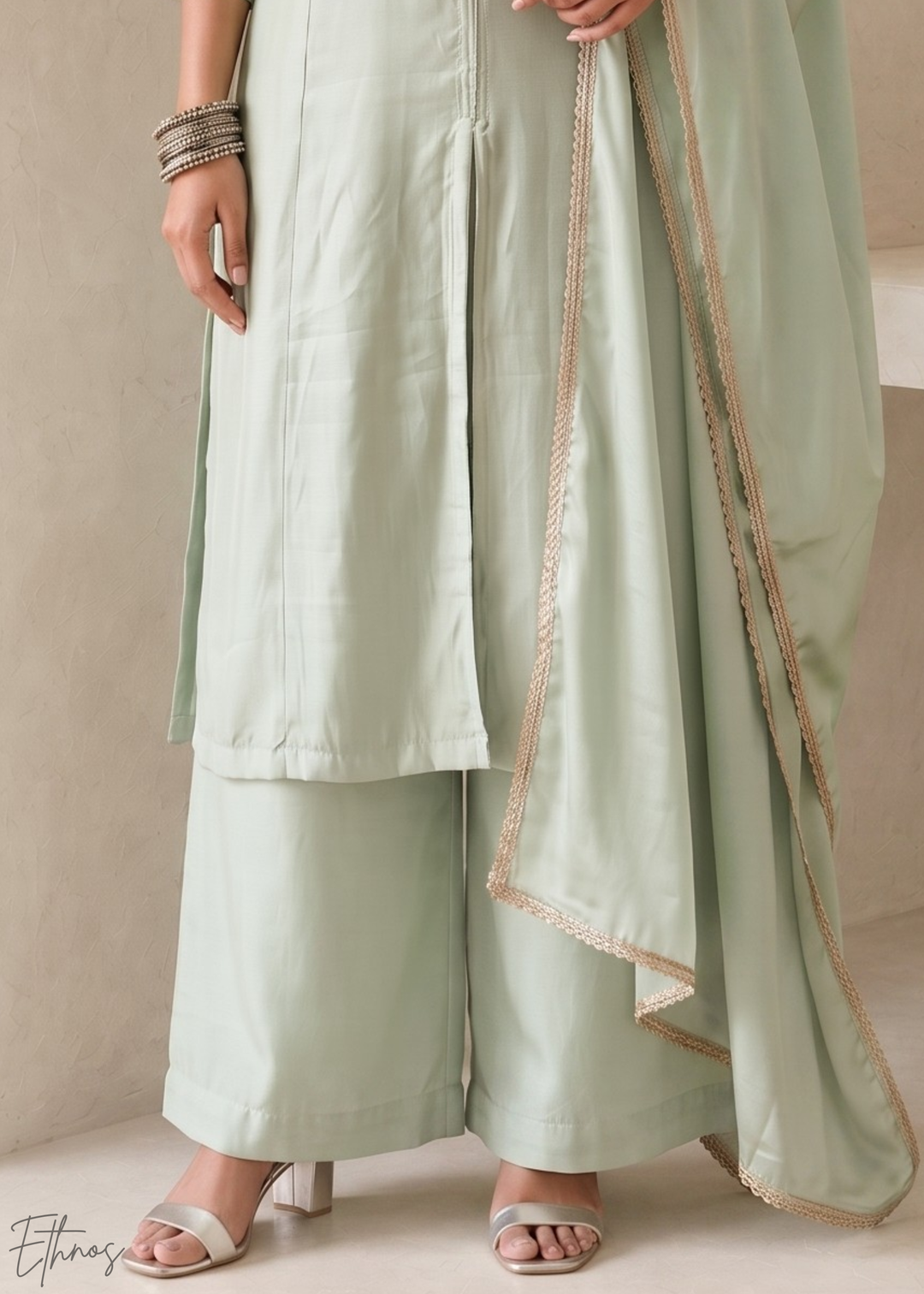 Sage Green Medallion-Embroidered Silk Pant Suit