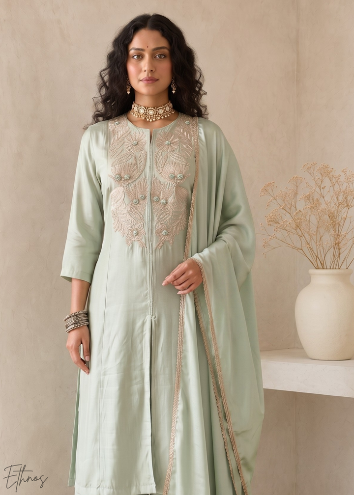 Sage Green Medallion-Embroidered Silk Pant Suit