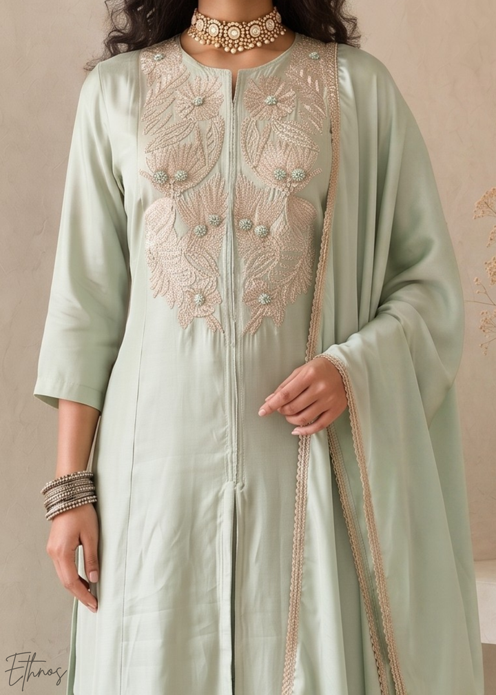 Sage Green Medallion-Embroidered Silk Pant Suit