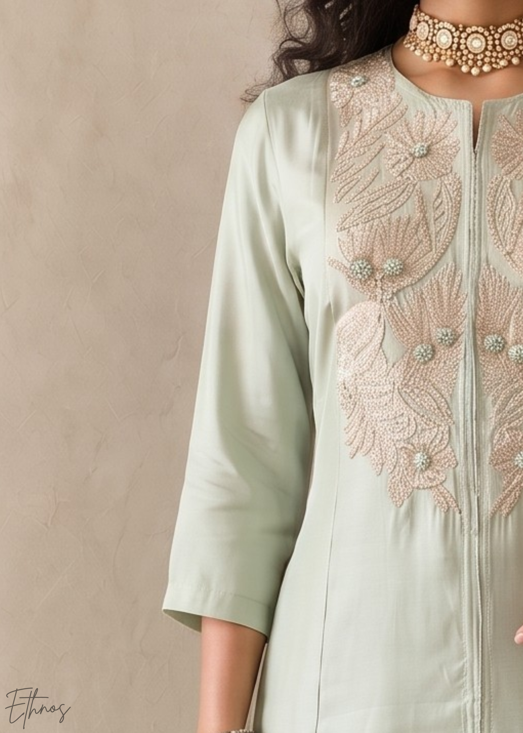 Sage Green Medallion-Embroidered Silk Pant Suit