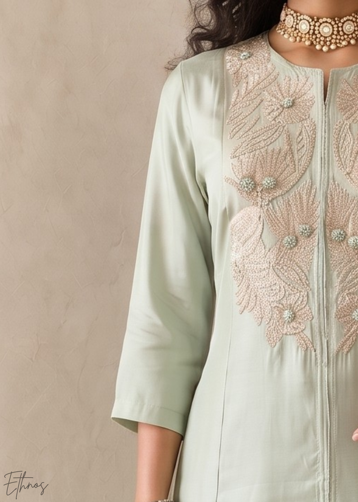 Sage Green Medallion-Embroidered Silk Pant Suit