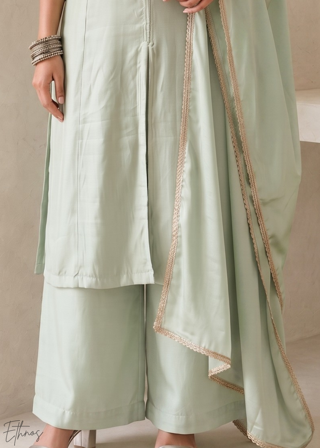 Sage Green Medallion-Embroidered Silk Pant Suit