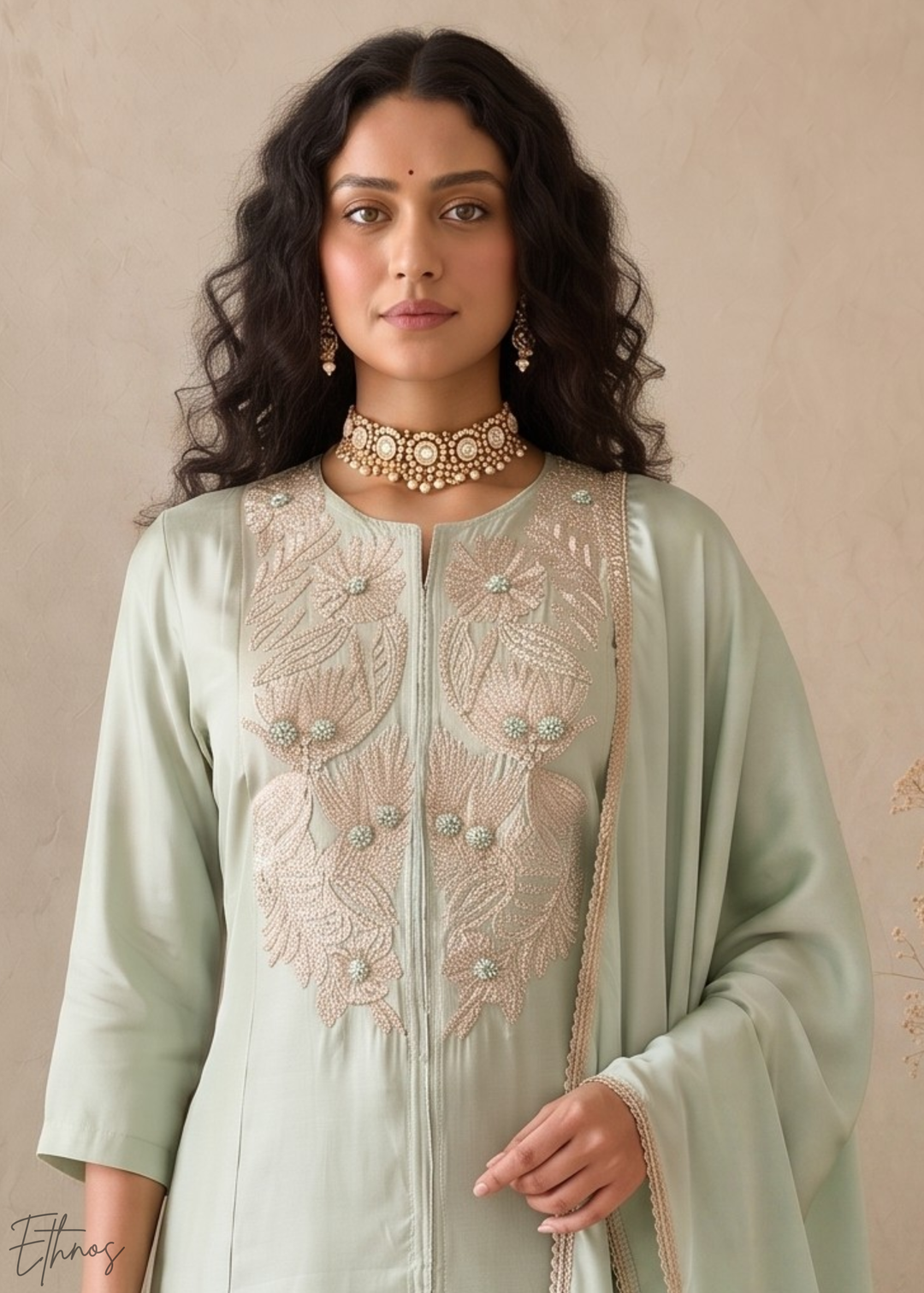 Sage Green Medallion-Embroidered Silk Pant Suit