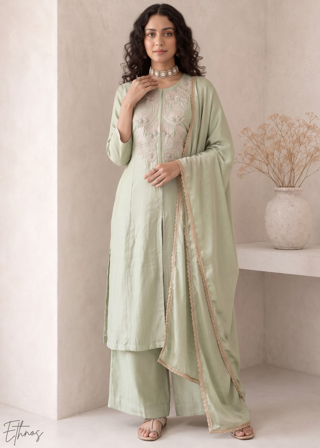 Sage Green Medallion-Embroidered Silk Pant Suit
