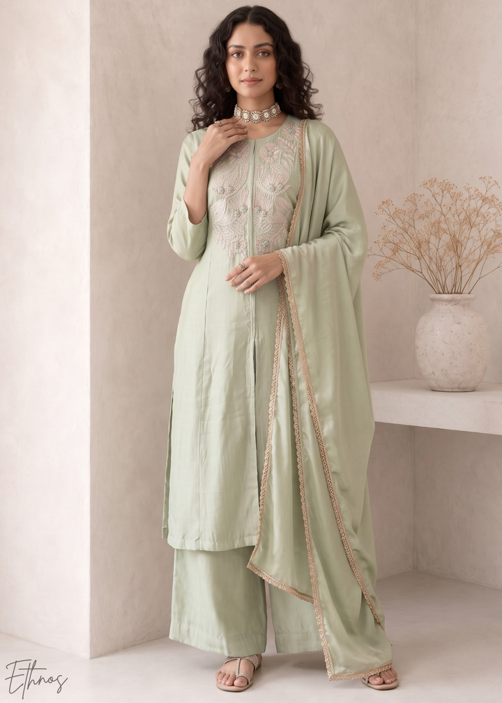 Sage Green Medallion-Embroidered Silk Pant Suit