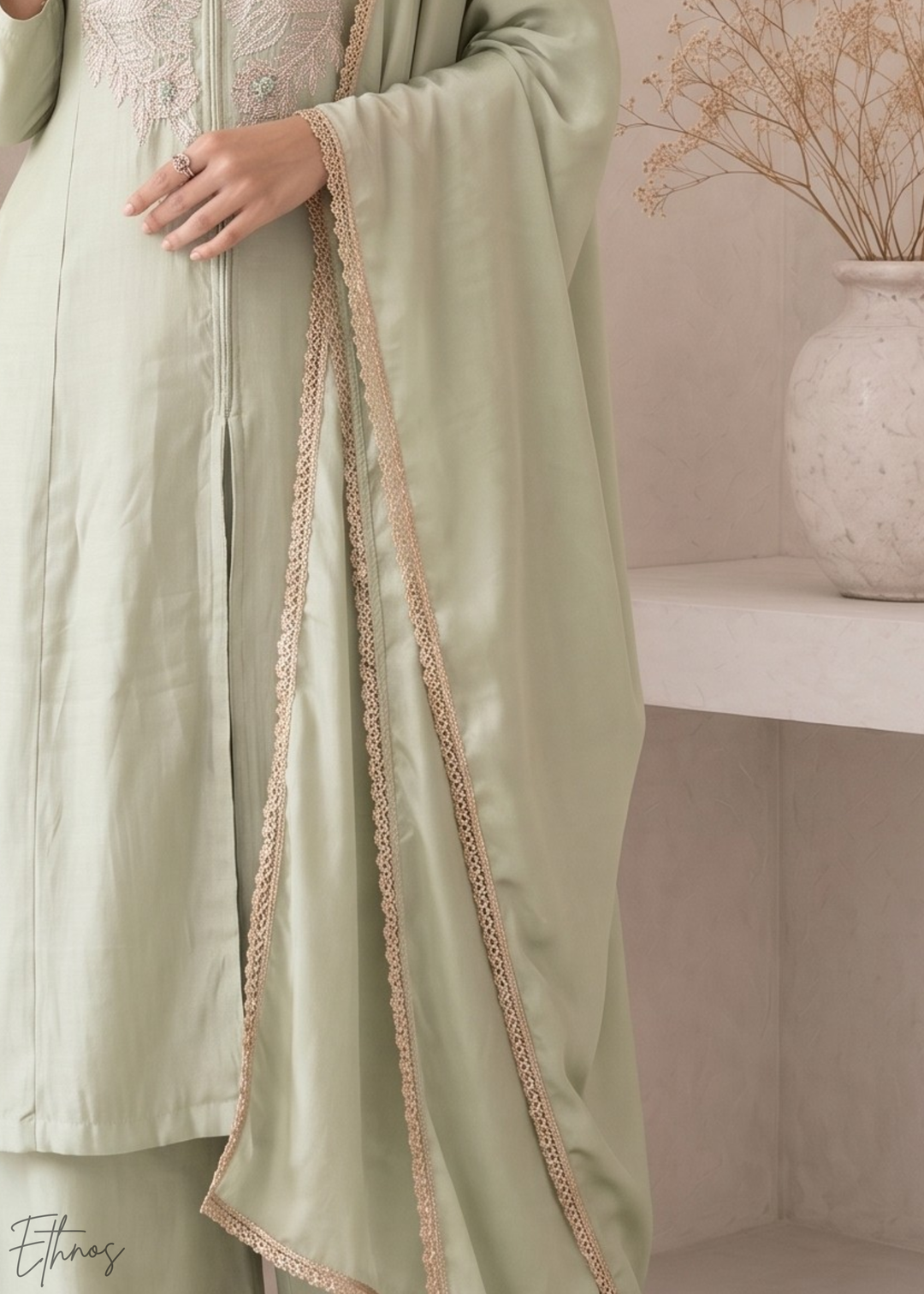 Sage Green Medallion-Embroidered Silk Pant Suit