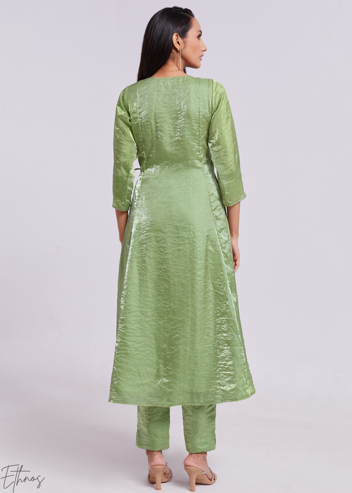 Sage Green Organza Asymmetric Wrap Tunic Pant Suit Set