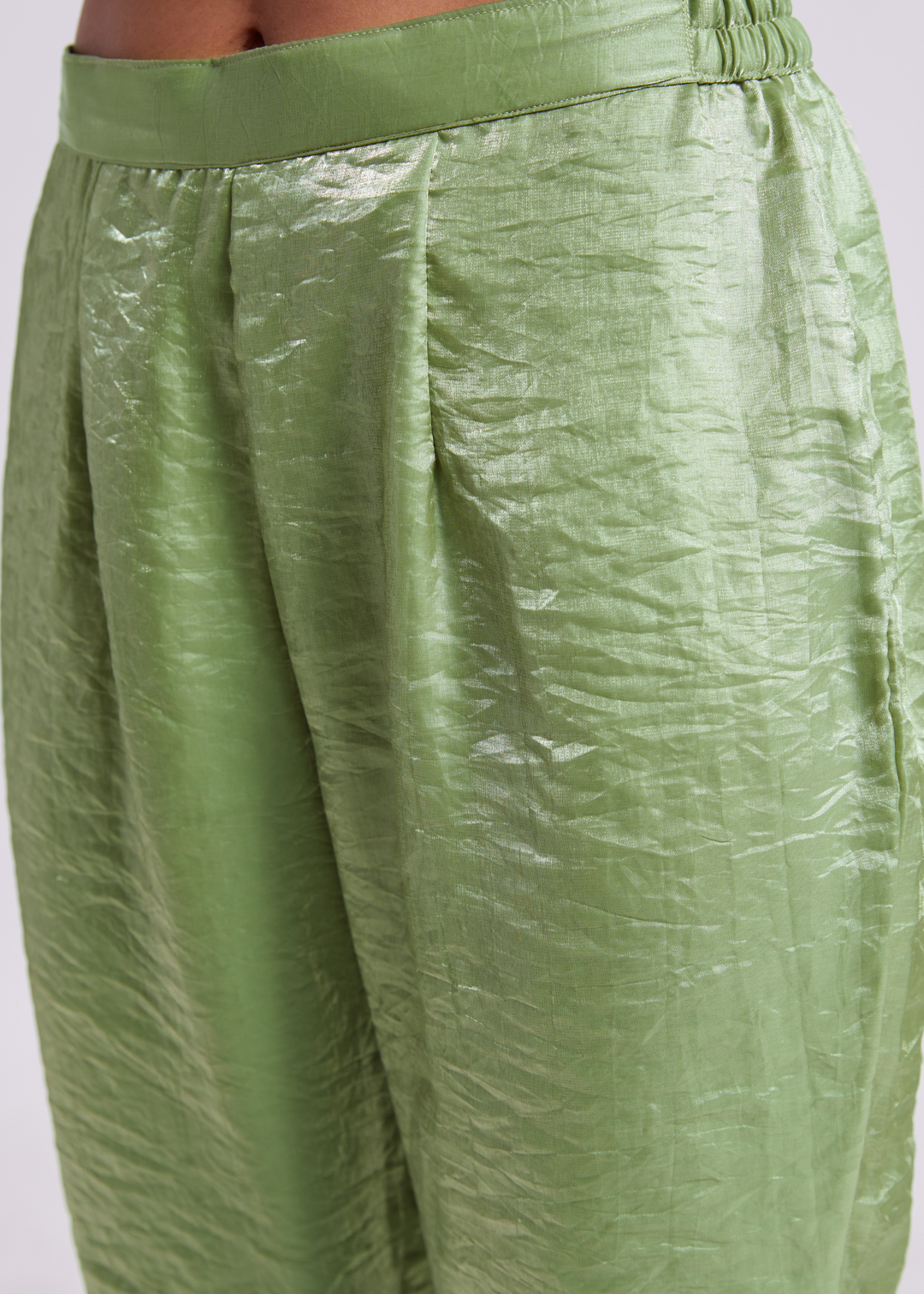 Sage Green Organza Asymmetric Wrap Tunic Pant Suit Set