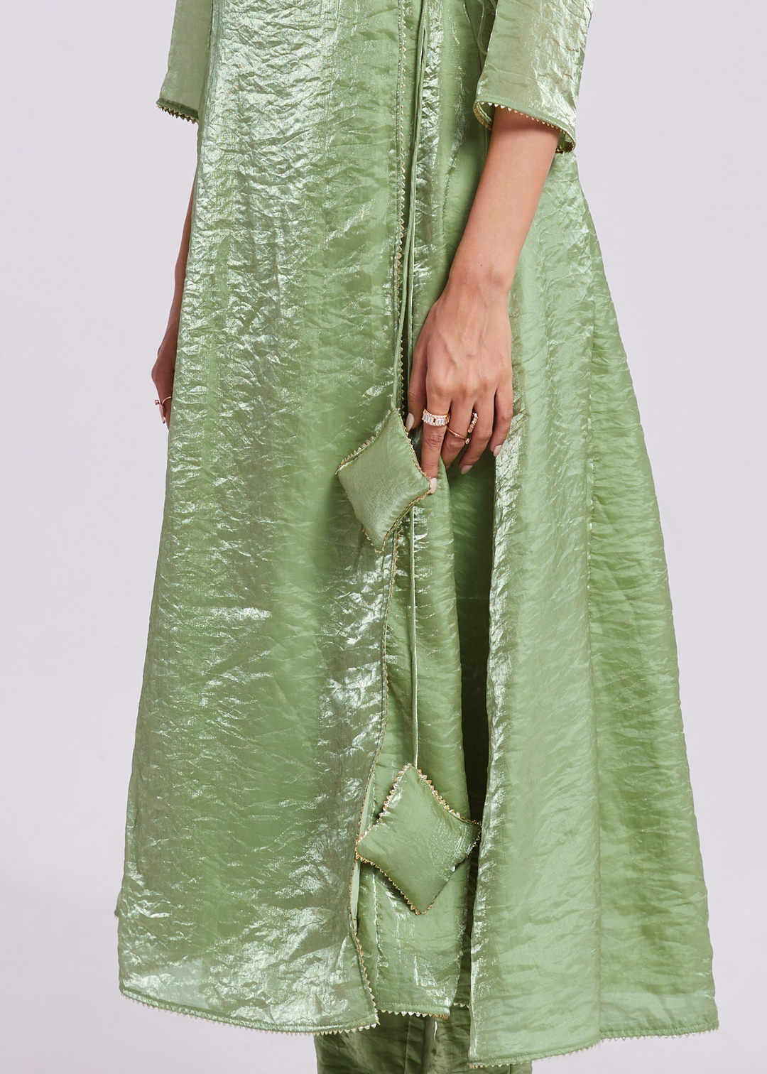 Sage Green Organza Asymmetric Wrap Tunic Pant Suit Set