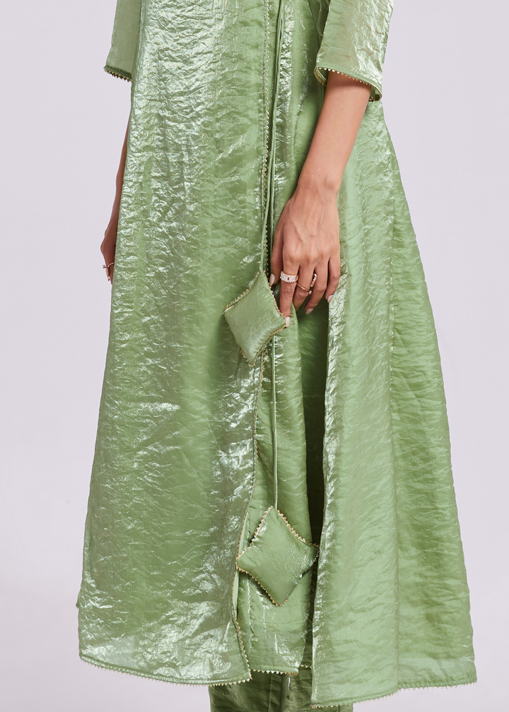 Sage Green Organza Asymmetric Wrap Tunic Pant Suit Set