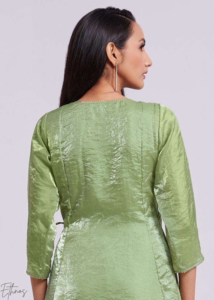 Sage Green Organza Asymmetric Wrap Tunic Pant Suit Set