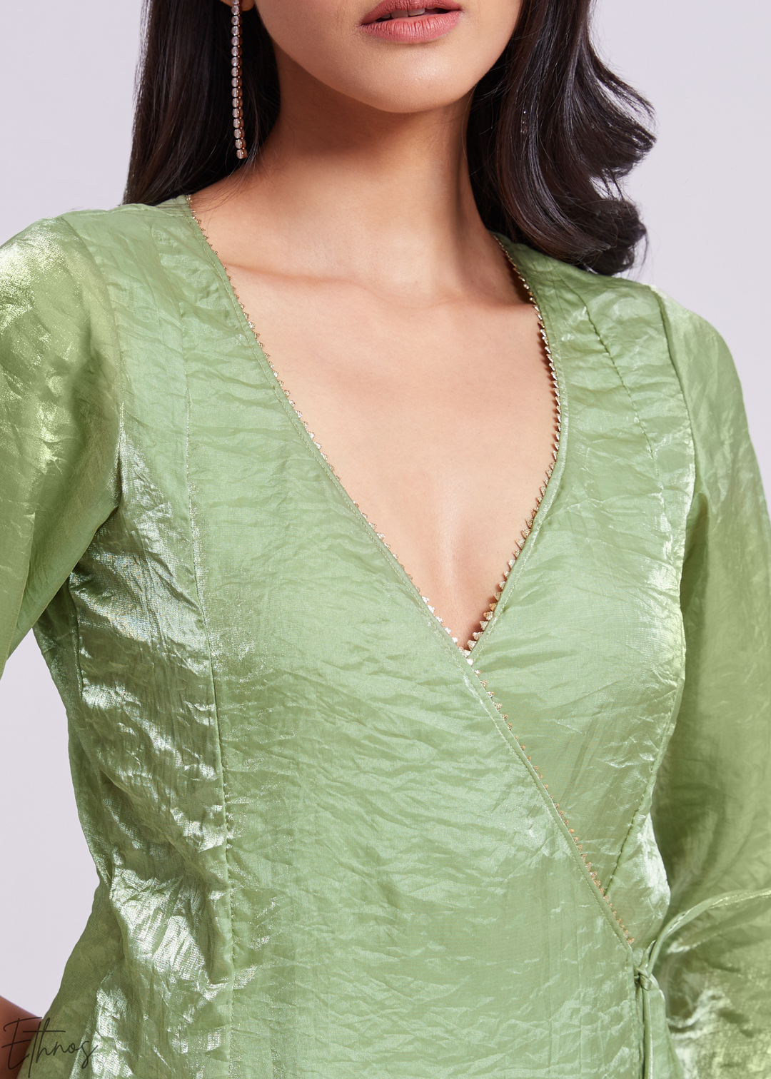 Sage Green Organza Asymmetric Wrap Tunic Pant Suit Set