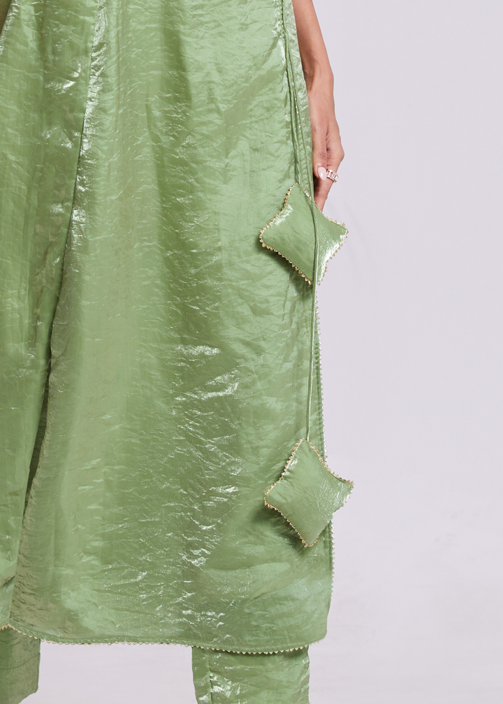 Sage Green Organza Asymmetric Wrap Tunic Pant Suit Set