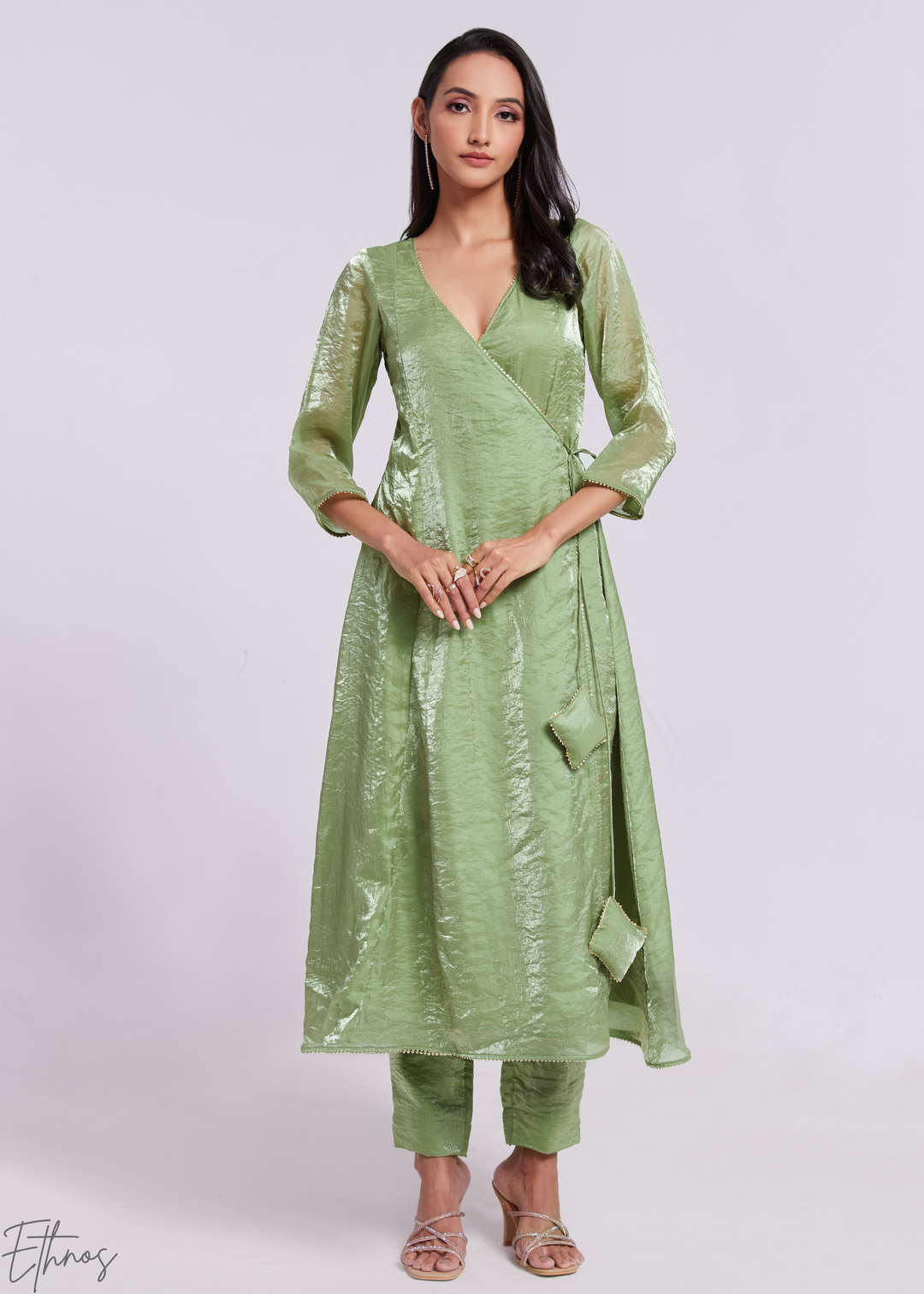 Sage Green Organza Asymmetric Wrap Tunic Pant Suit Set