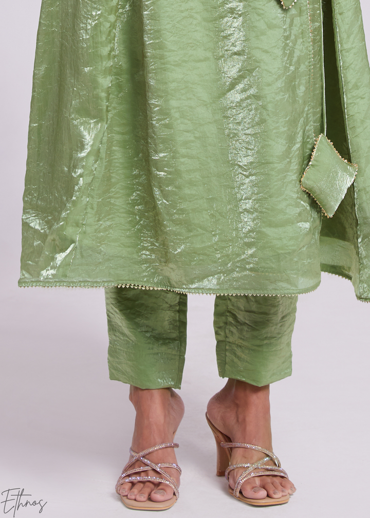 Sage Green Organza Asymmetric Wrap Tunic Pant Suit Set