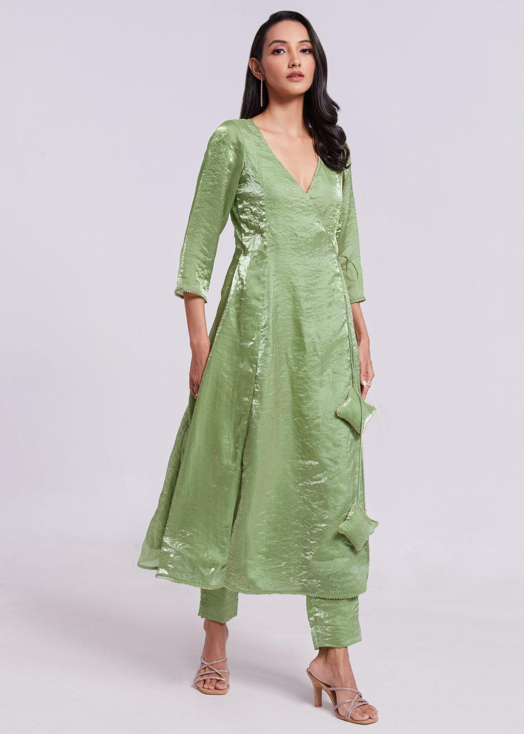 Sage Green Organza Asymmetric Wrap Tunic Pant Suit Set