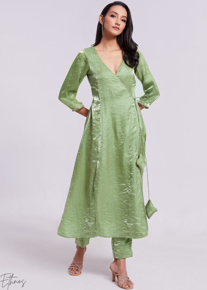 Sage Green Organza Asymmetric Wrap Tunic Pant Suit Set