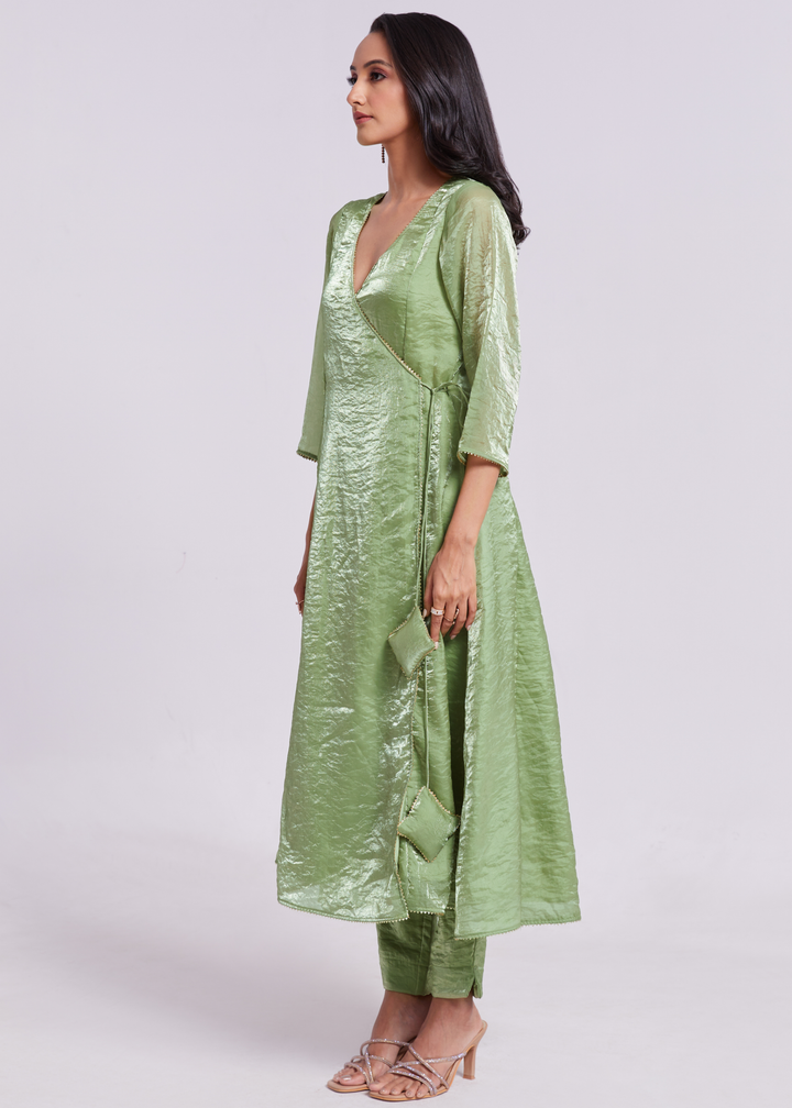 Sage Green Organza Asymmetric Wrap Tunic Pant Suit Set