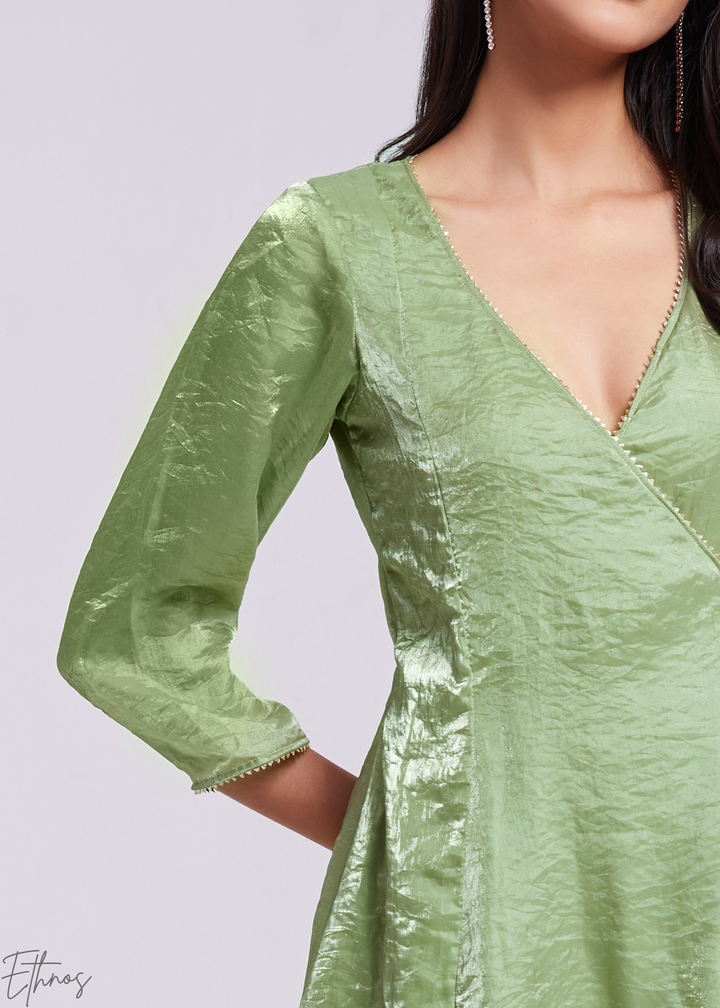 Sage Green Organza Asymmetric Wrap Tunic Pant Suit Set