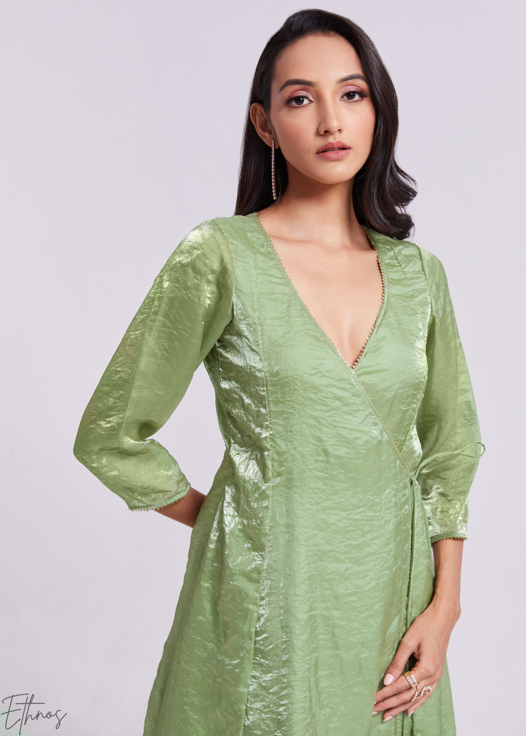 Sage Green Organza Asymmetric Wrap Tunic Pant Suit Set