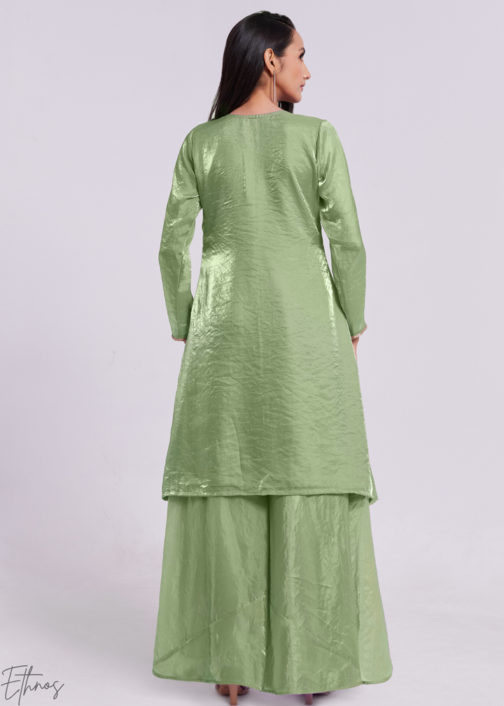 Sage Green Organza V-Neck Tunic and Cowl Palazzo Suit