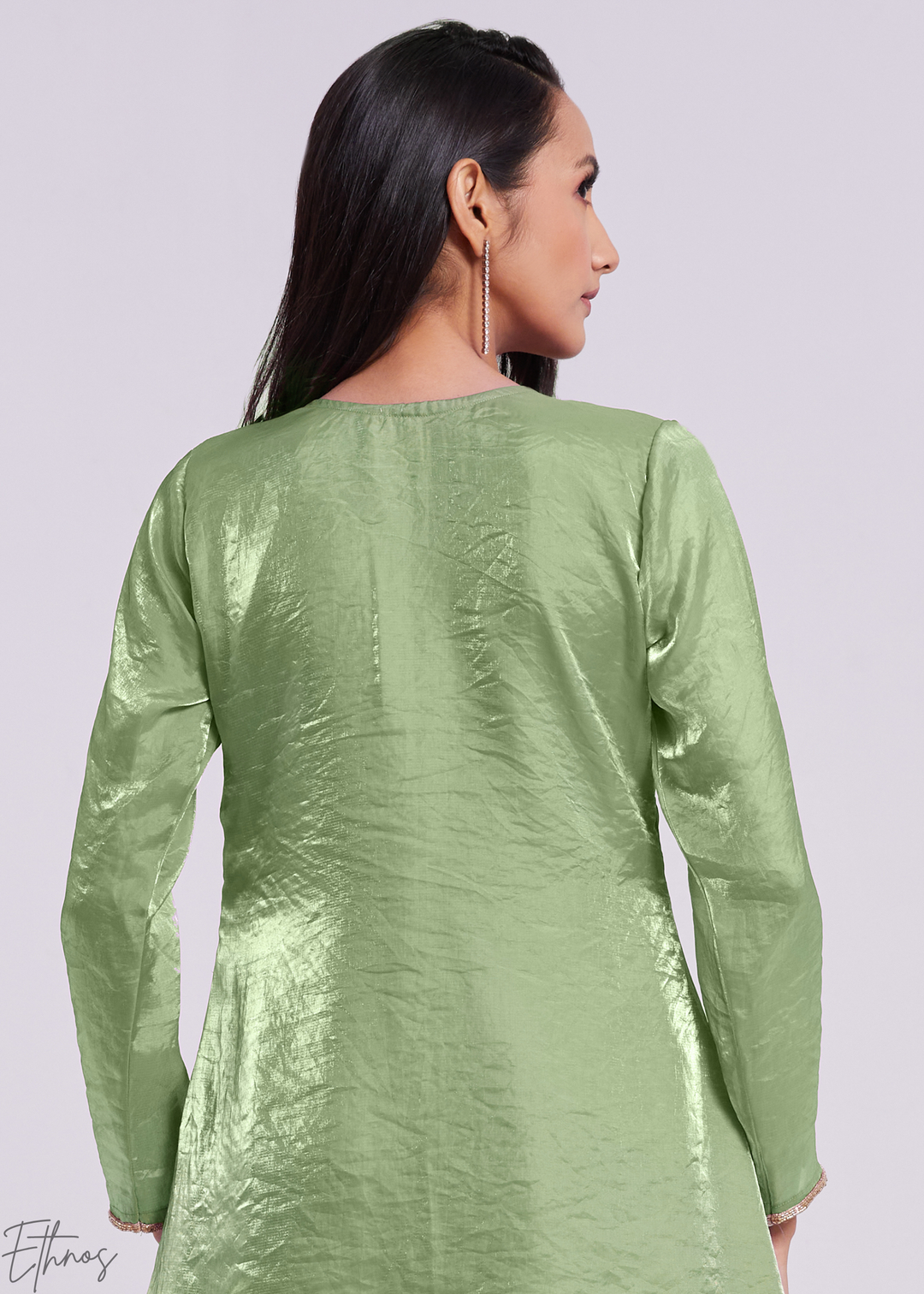 Sage Green Organza V-Neck Tunic and Cowl Palazzo Suit