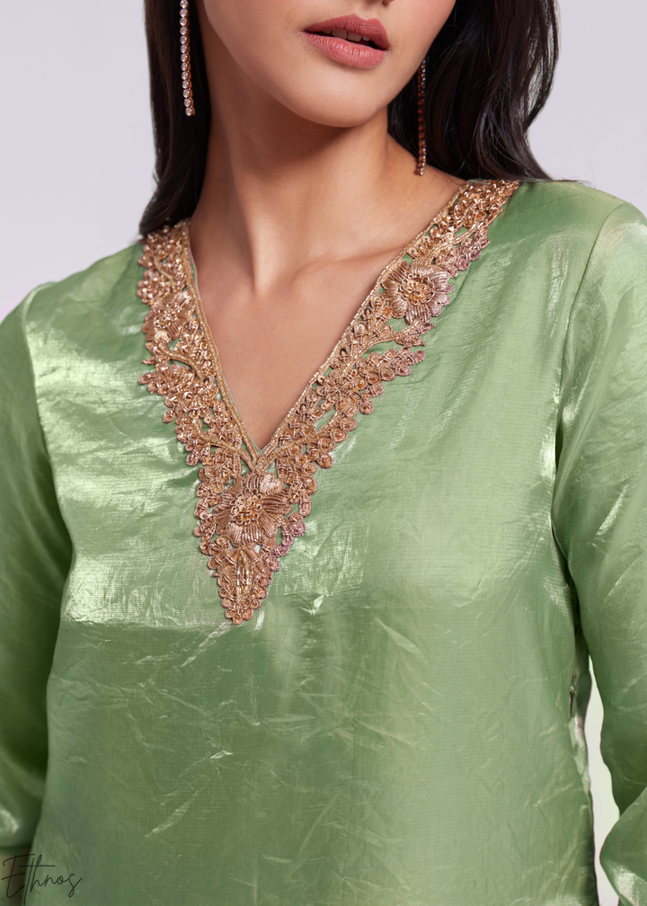Sage Green Organza V-Neck Tunic and Cowl Palazzo Suit