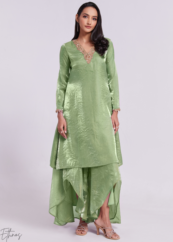 Sage Green Organza V-Neck Tunic and Cowl Palazzo Suit