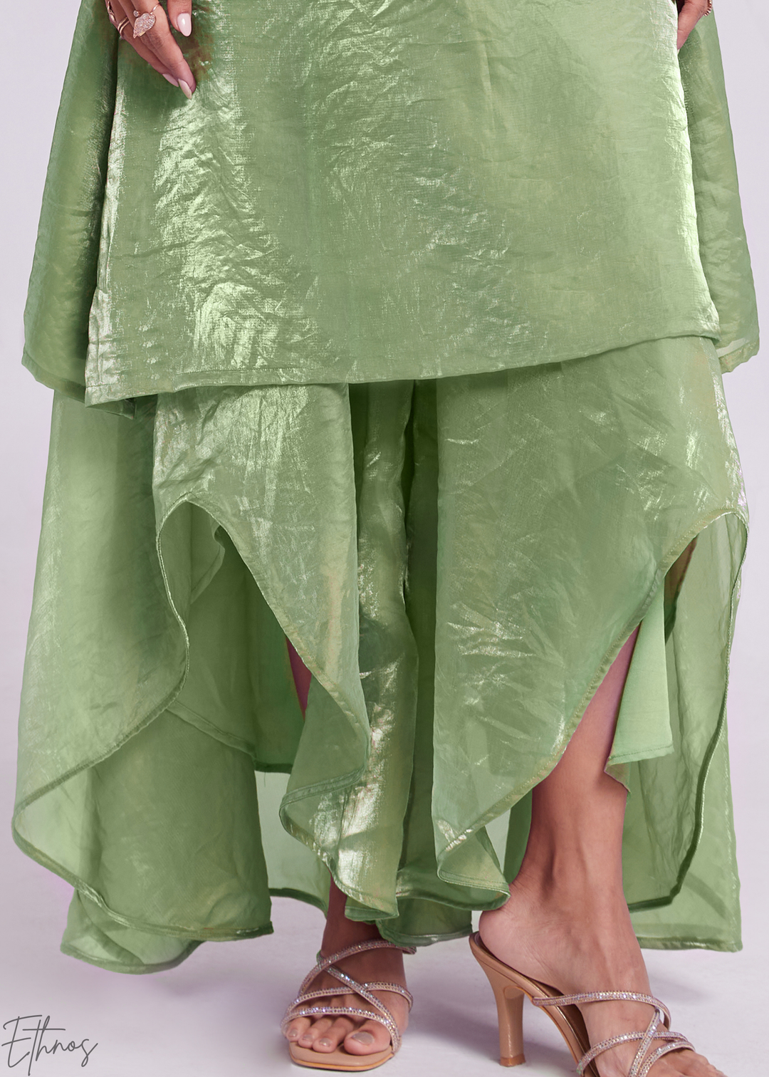 Sage Green Organza V-Neck Tunic and Cowl Palazzo Suit