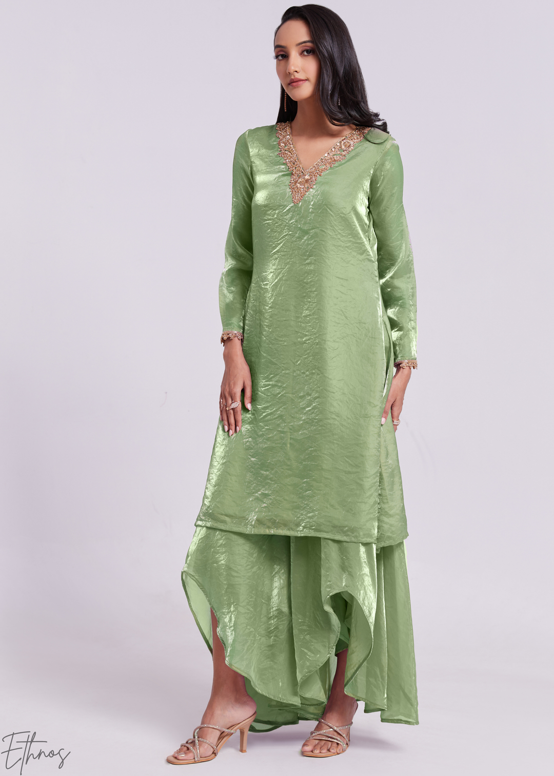 Sage Green Organza V-Neck Tunic and Cowl Palazzo Suit