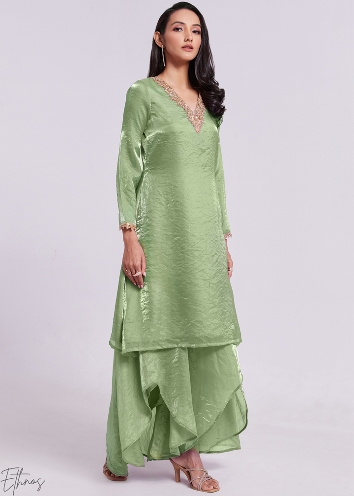 Sage Green Organza V-Neck Tunic and Cowl Palazzo Suit