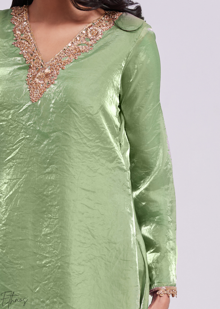 Sage Green Organza V-Neck Tunic and Cowl Palazzo Suit