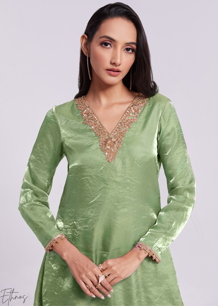 Sage Green Organza V-Neck Tunic and Cowl Palazzo Suit