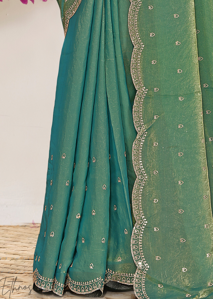 Sage Green Scallop Stippled Satin Silk Saree