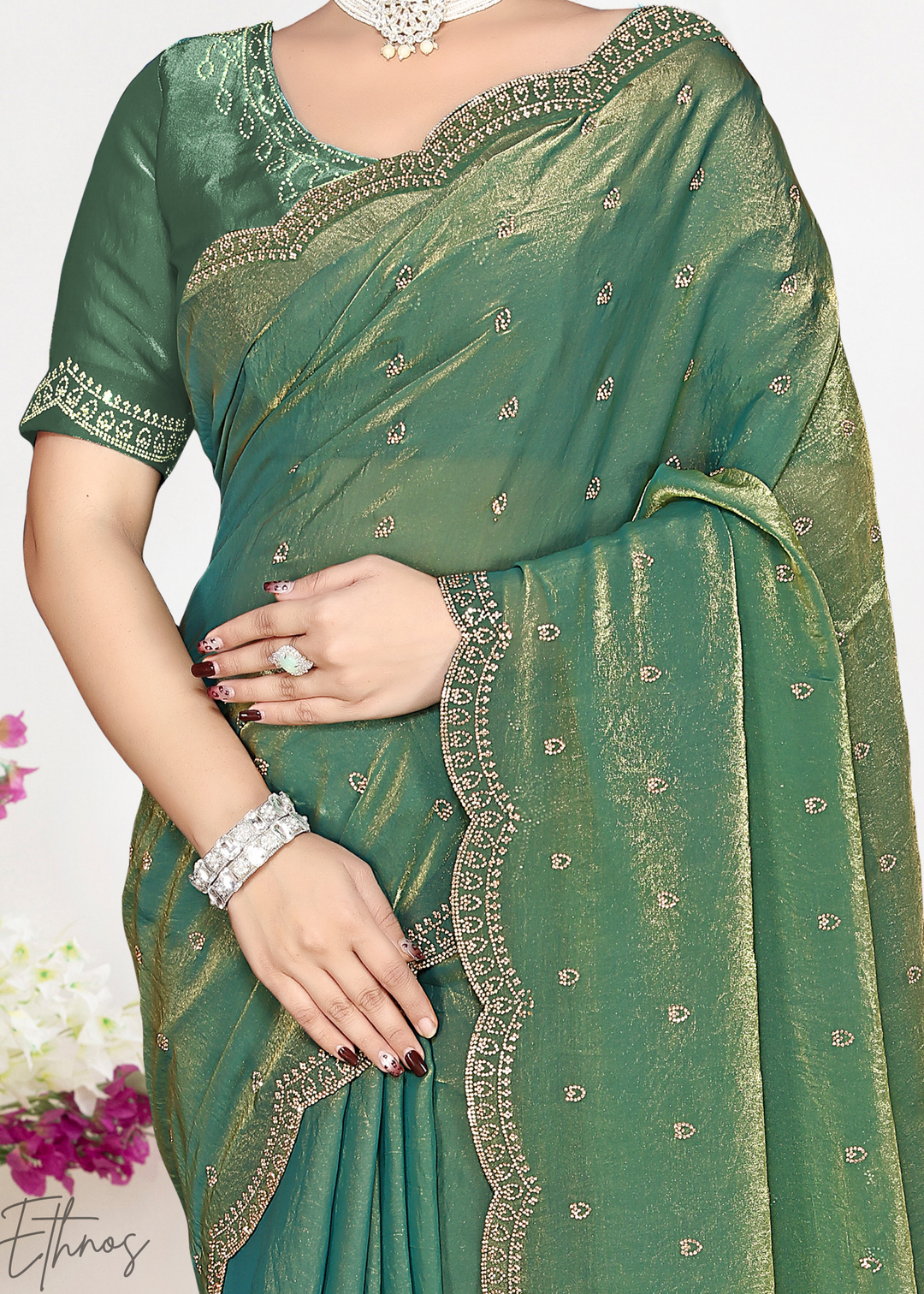 Sage Green Scallop Stippled Satin Silk Saree