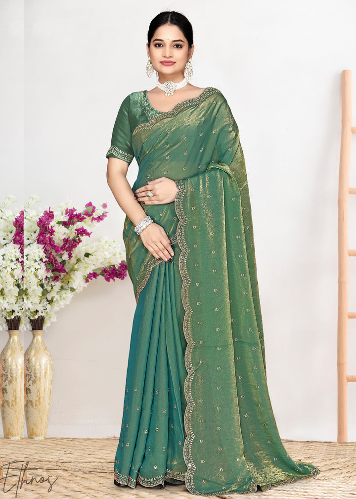 Sage Green Scallop Stippled Satin Silk Saree