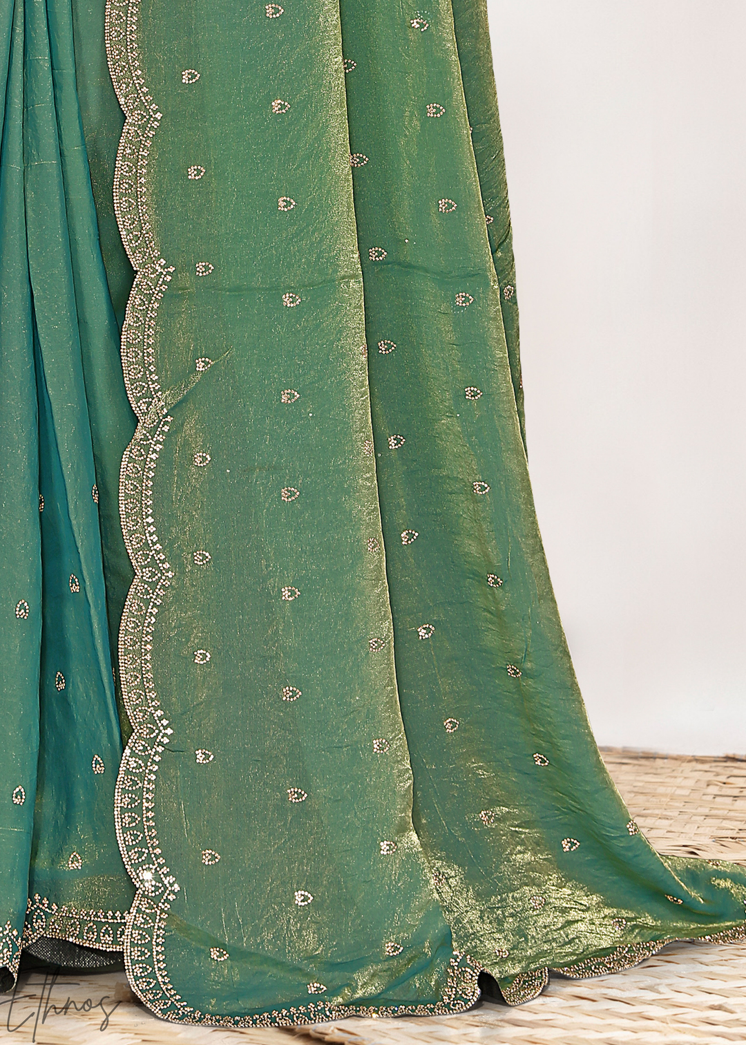 Sage Green Scallop Stippled Satin Silk Saree
