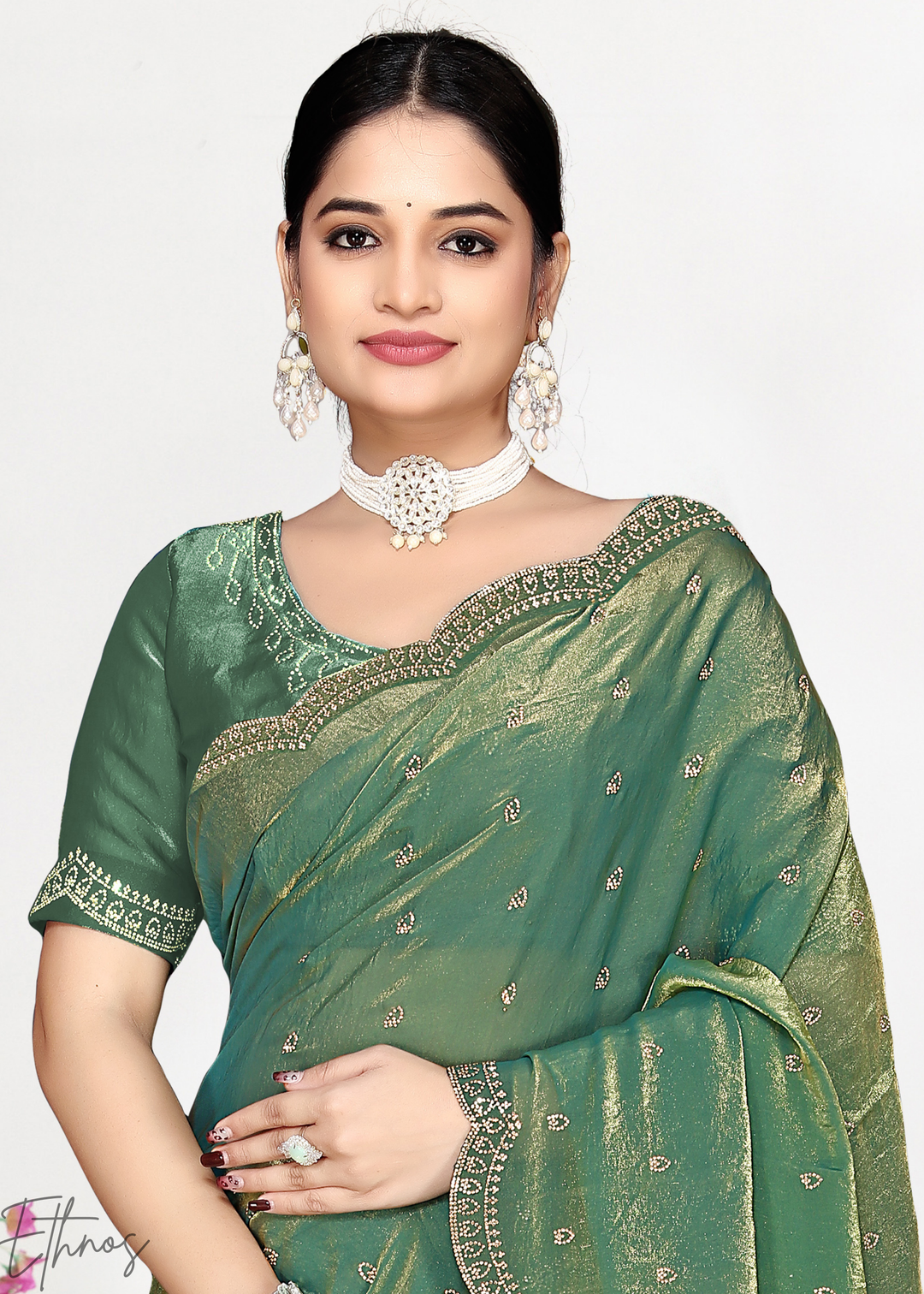 Sage Green Scallop Stippled Satin Silk Saree
