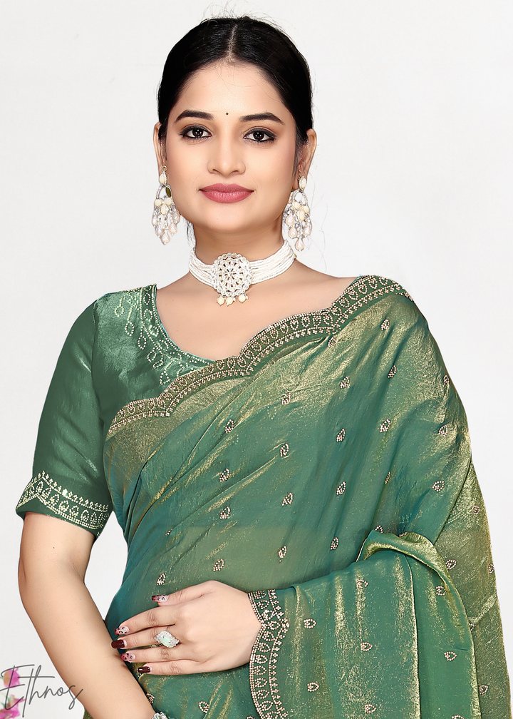 Sage Green Scallop Stippled Satin Silk Saree