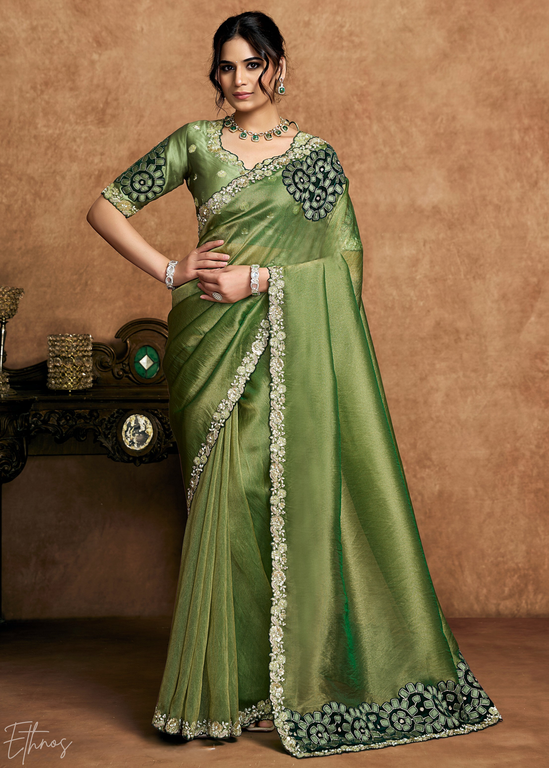 Sage Green Sequin Embroidered Organza Satin Saree