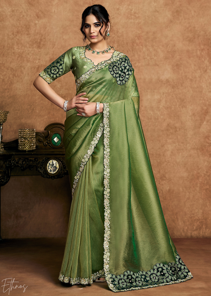 Sage Green Sequin Embroidered Organza Satin Saree