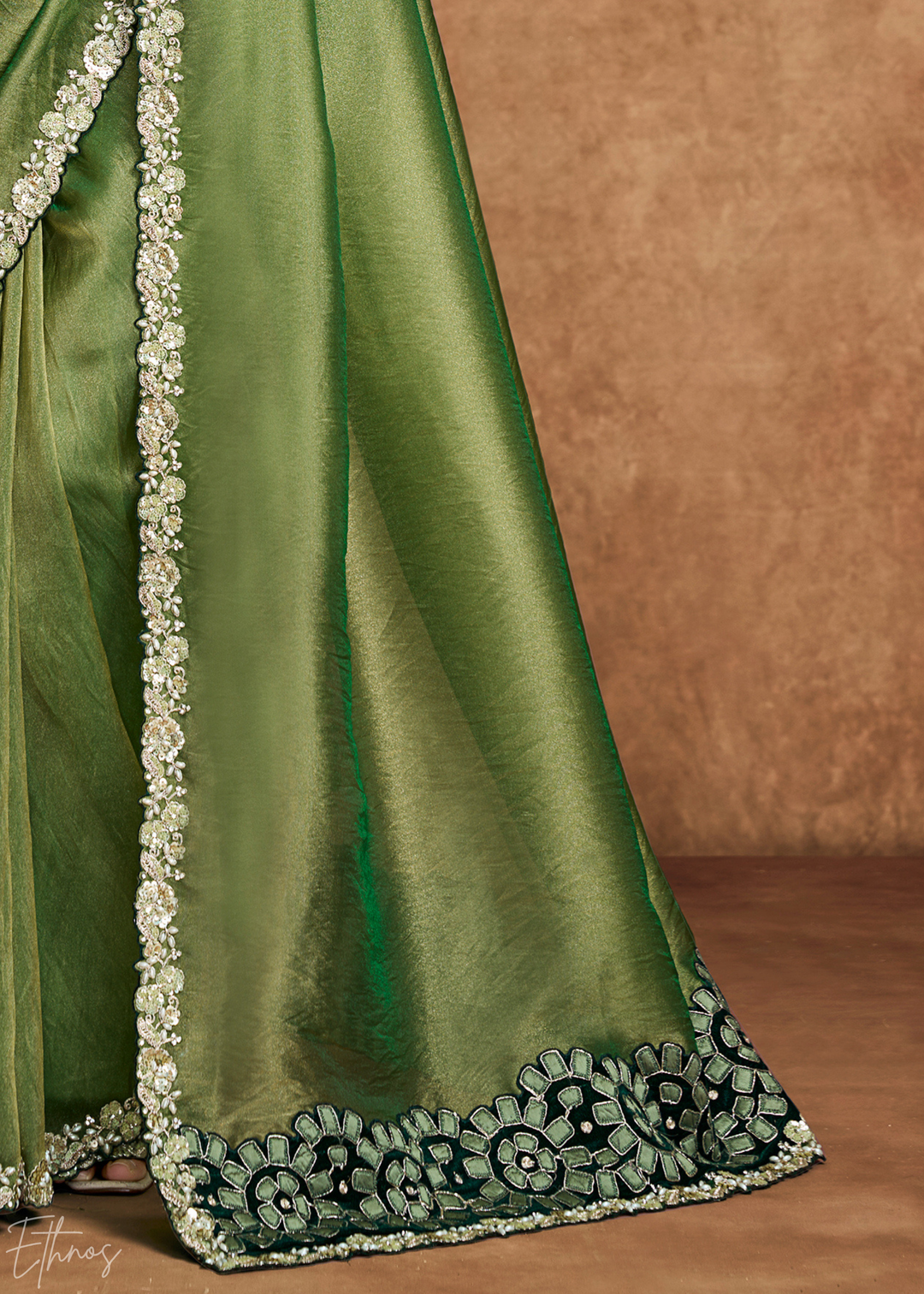 Sage Green Sequin Embroidered Organza Satin Saree
