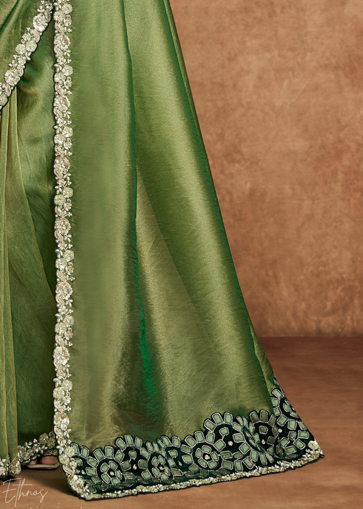 Sage Green Sequin Embroidered Organza Satin Saree