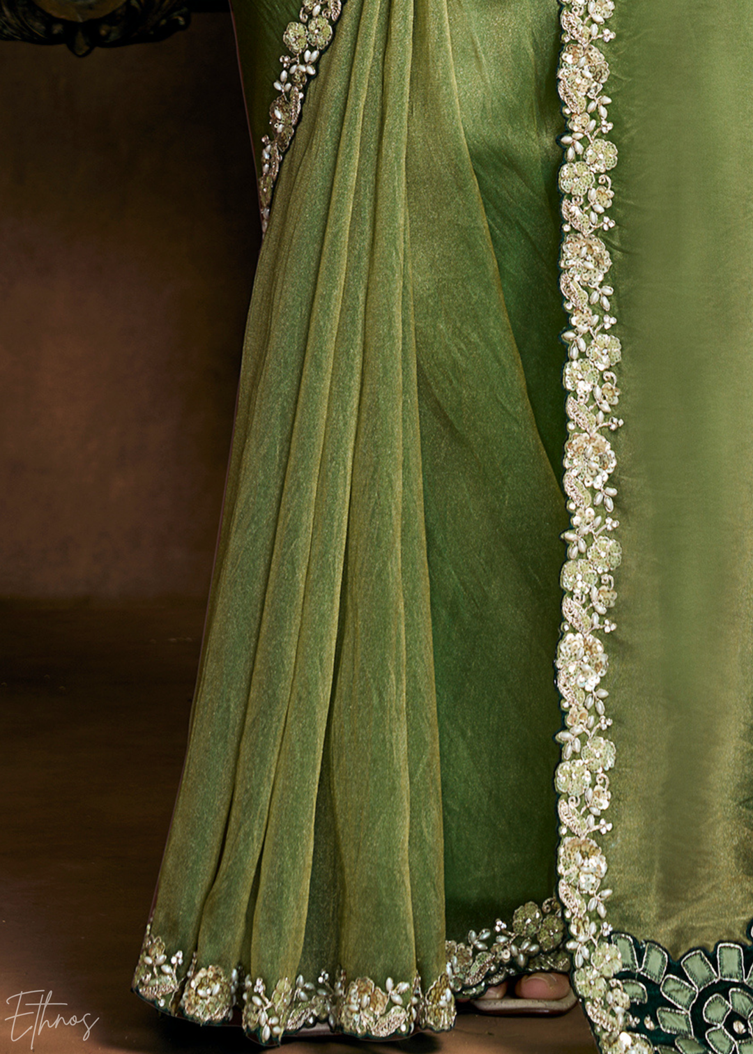 Sage Green Sequin Embroidered Organza Satin Saree