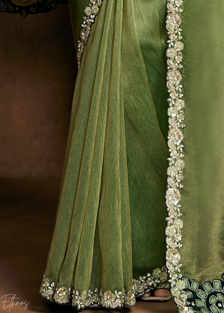 Sage Green Sequin Embroidered Organza Satin Saree