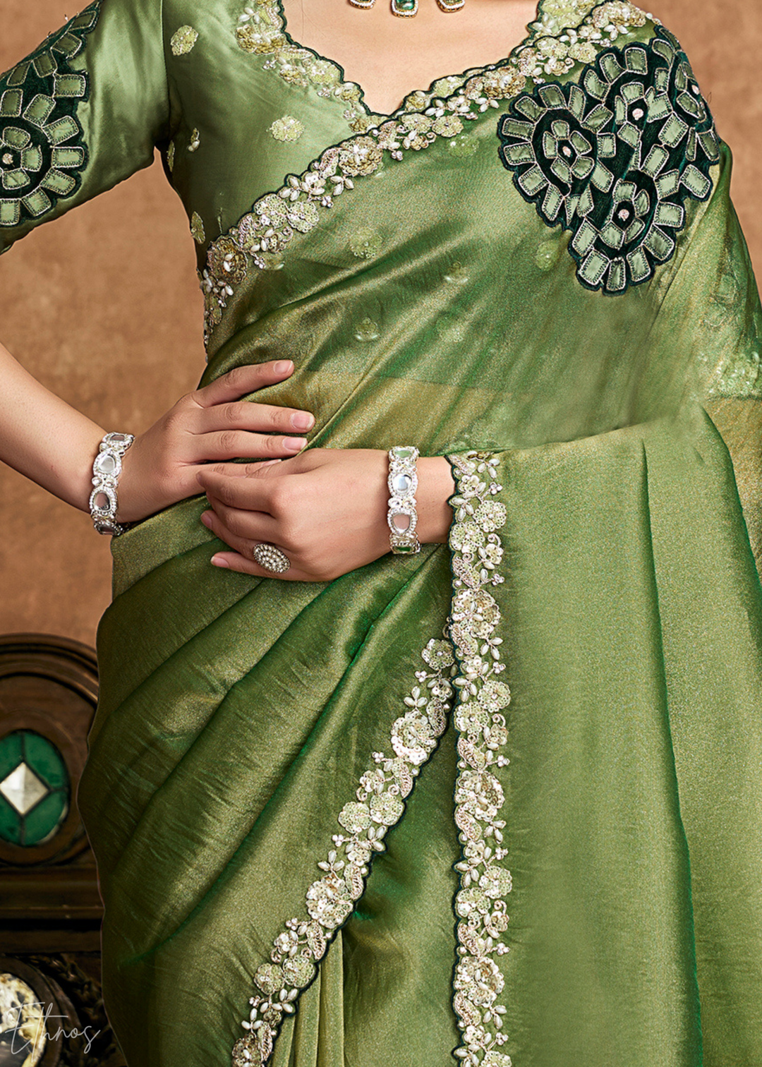 Sage Green Sequin Embroidered Organza Satin Saree